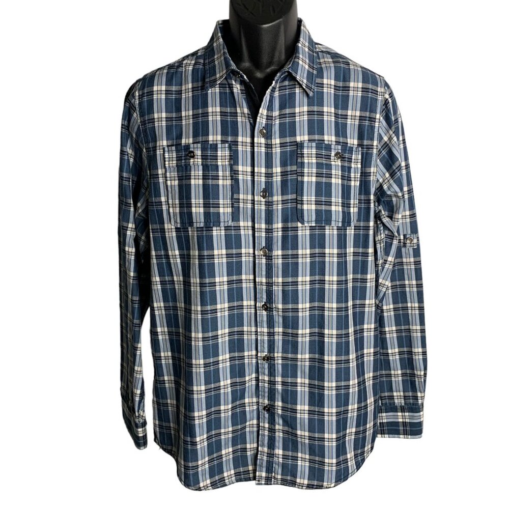 Dravus Button Up Roll Tab Sleeves Shirt M Blue Plaid Chest Pockets Collared